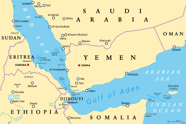 Gulf of Aden area, connecting Red Sea and Arabian Sea, political map Gulf of Aden area, political map. Deepwater gulf between Yemen, Djibouti, the Guardafui Channel, Socotra and Somalia, connecting the Arabian Sea through the Bab-el-Mandeb strait with the Red Sea. arabian peninsula stock illustrations