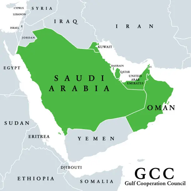 Vector illustration of Gulf Cooperation Council, GCC member states, political map