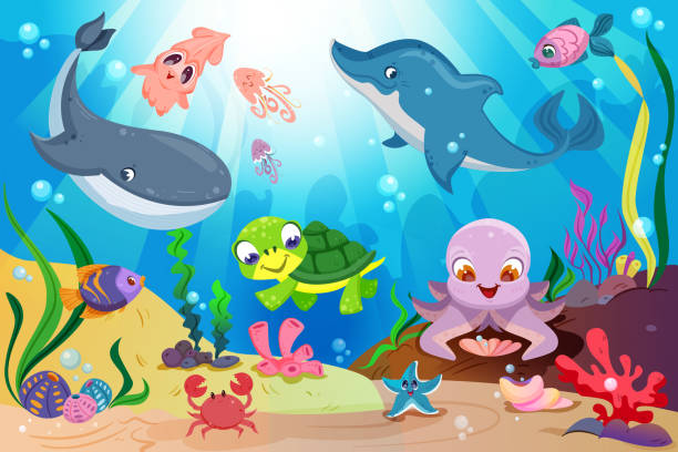 ilustrações de stock, clip art, desenhos animados e ícones de underwater ocean life with cute sea animals and marine plants - starting at the bottom