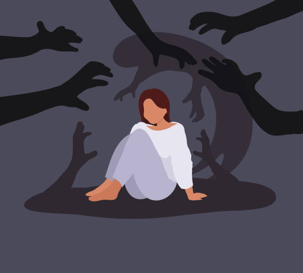 ilustrações, clipart, desenhos animados e ícones de mulher tendo ataque de pânico, tept, fobias, medos, paranoia - mental illness depression women schizophrenia