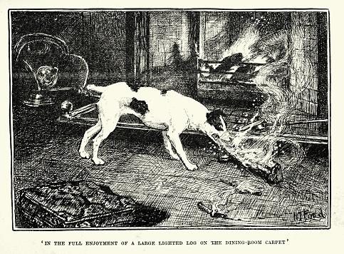 Vintage illustration, Naughty dog pulling burning log from the fire on to the carpet, Victorian animal art