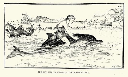 Vintage illustration, Boy in Ancient Greece riding on the back of a dolphin, Greek mythology, Victorian wildlife art