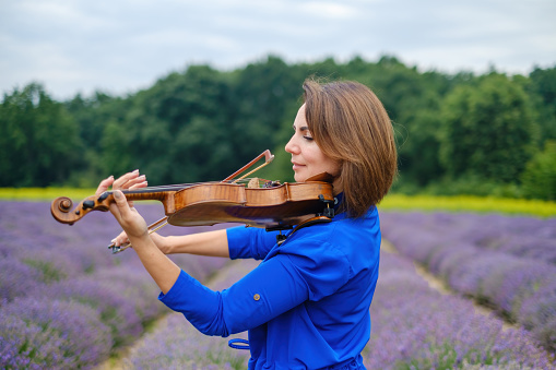 Close-up adult caucasian woman violinist playing violin on summer lavender field, romantic musician in blue dress enjoying walking on nature, back view