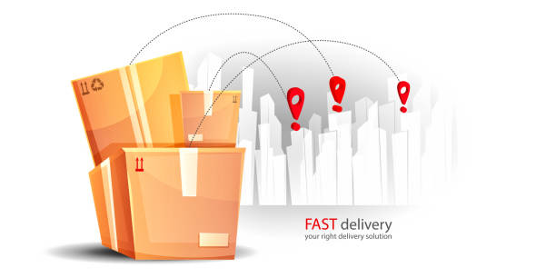 The concept of fast worldwide delivery and e-commerce. Cardboard box with a world map and hotspots on a neutral background. Online order infographics, web page, app design. Graphic vector illustration in EPS format house numbers stock illustrations