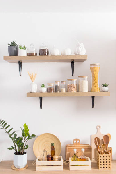 open-kitchen-wooden-shelves-with-jars-for-storage-on-a-white-textured-wall-and-part-of-the, Kitchen Renovation, Bathroom Renovation, House Renovation Auckland