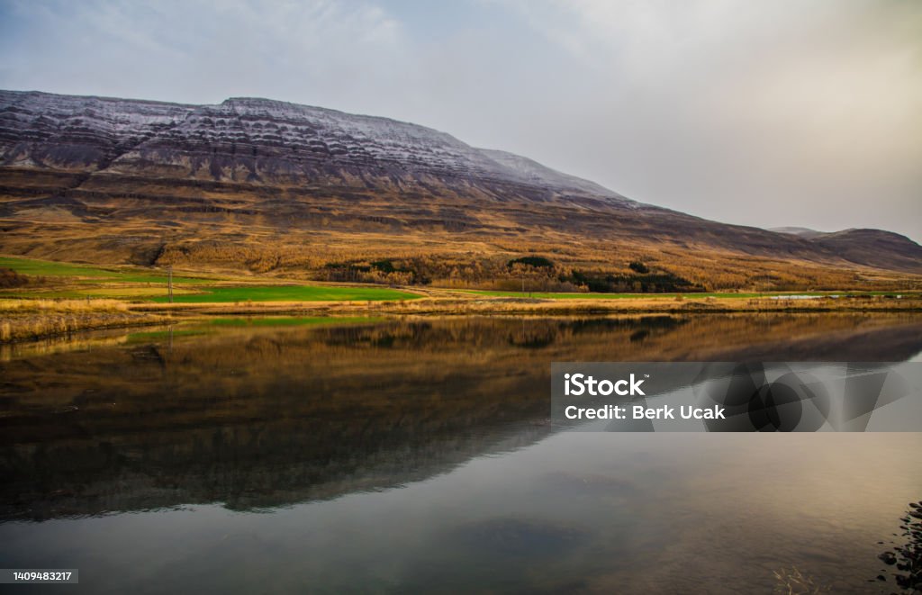 Mountainn reflection Mountain reflection by the lake from Iceland Autumn Stock Photo