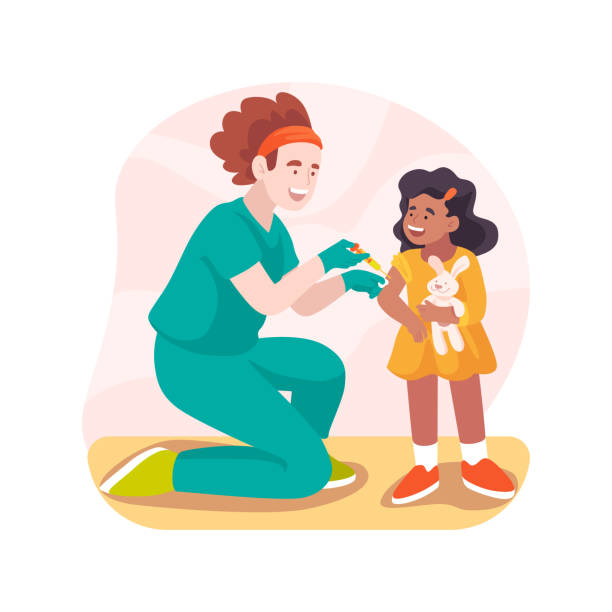 Vaccination isolated cartoon vector illustration. Vaccination isolated cartoon vector illustration. A nurse making an injection in kids arm, vaccination plan, children immunization schedule, visit a doctor, family healthcare vector cartoon. cold and flu family stock illustrations