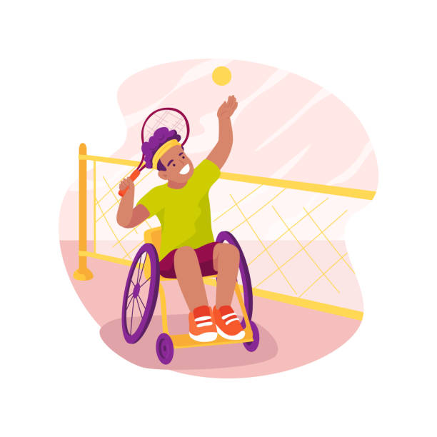 Tennis isolated cartoon vector illustration. Tennis isolated cartoon vector illustration. Sporty kid in a wheelchair with a racket on the tennis court, disabled people lifestyle, physical activity, social problem vector cartoon. wheelchair tennis stock illustrations