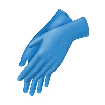 Blue rubber medical gloves on doctor hands realistic vector illustration. Medicine protective uniform for hygiene and disease prevention. Pair of safety wear housekeeping maid sanitize chores