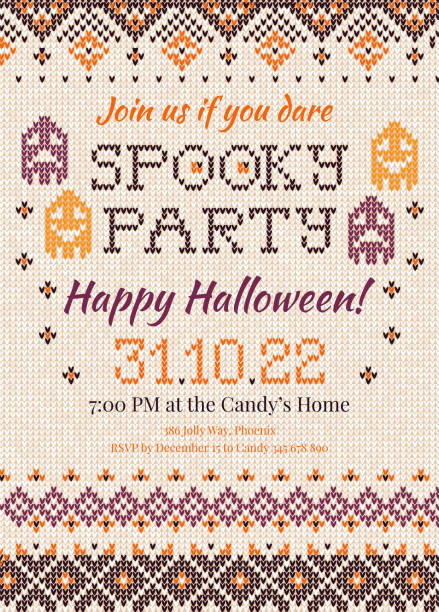 Handmade knitted background Halloween Party Invite with scandinavian ornament. White, orange, purple colors. Flat style Vector illustration Handmade knitted background pattern Halloween Party Invitation with scandinavian ornaments. White, orange, purple colors. Flat style knitted pumpkin stock illustrations