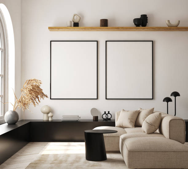 istock mock up poster frame in modern interior background, living room, Scandinavian style, 3D render, 3D illustration 1409486501