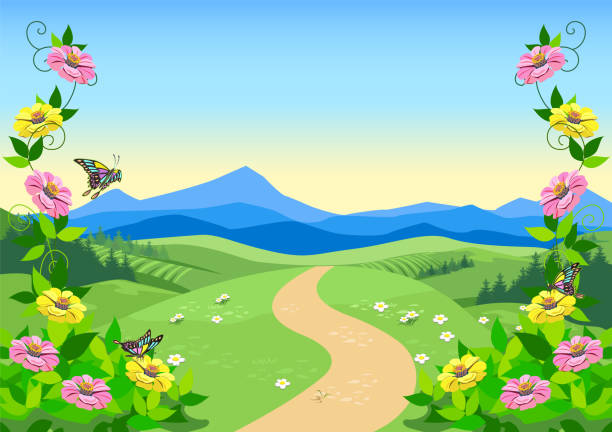 ilustrações de stock, clip art, desenhos animados e ícones de fairytale valley in flowers - cartoon mushroom fairy fairy tale