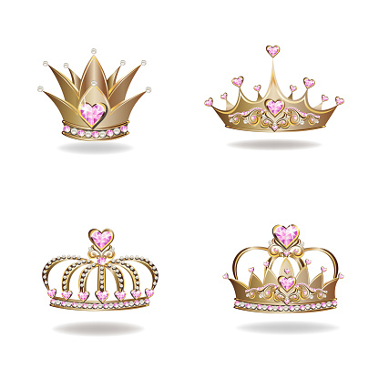 Beautiful golden princess crown with pearls and pink heart shaped jewels. Collection of vector illustrations isolated on white background.