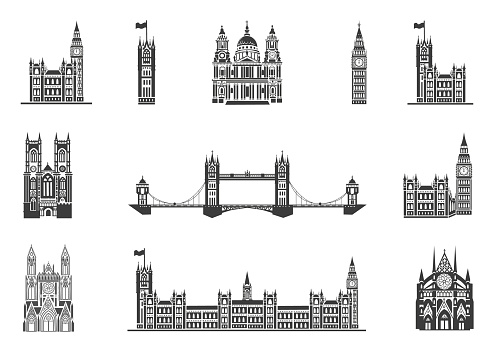 Big collection of London landmarks icons. St. Peter's Cathedral, Westminster Abbey, Big Ben, Tower Bridge. English architecture. Gothic. Vector illustration.