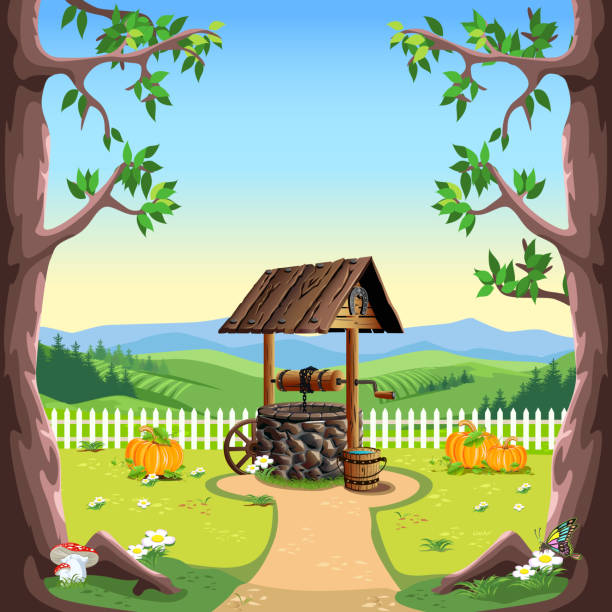 illustrazioni stock, clip art, cartoni animati e icone di tendenza di paesaggio del villaggio con un pozzo - brick agriculture antique backgrounds