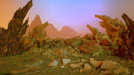 Scene from the red planet mars  background . Surface exploration of cosmos and other life forms, desert universe. 3D render