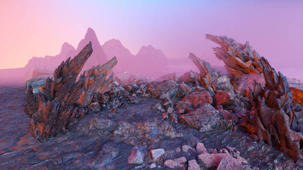 Scene from the red planet mars  background . Surface exploration of cosmos and other life forms, desert universe. 3D render