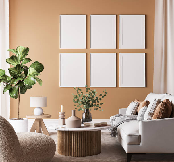Poster frame mock-up in home interior, living room in beige and white colors,3d render stock photo