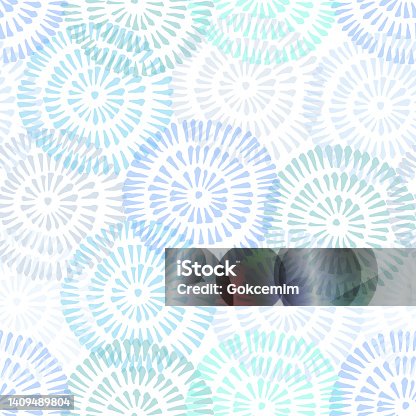 istock Bright Tie-Dye Shibori Sunburst Circles White Background Vector Seamless Pattern. Design Element for Spring-Summer Textiles, Wrapping Papers and Decoration. 1409489804