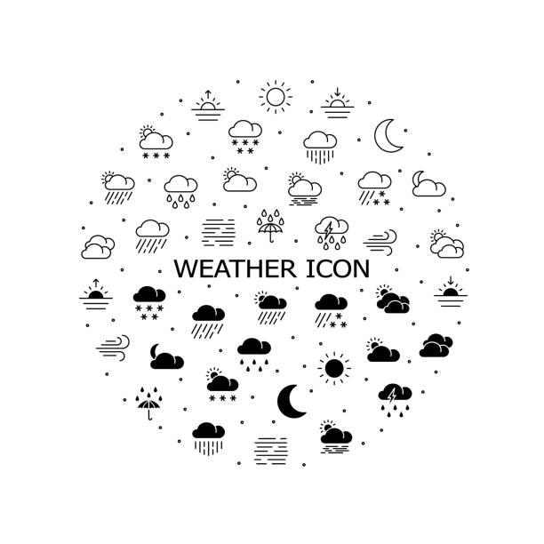 天気フラットラインアイコンセット。予測、気象学、気候シンボル。webサイトやモバイルアプリのためのシンプルなフラットベクターイラスト - spring clear sky night summer点のイラスト素材／クリップアート素材／マンガ素材／アイコン素材