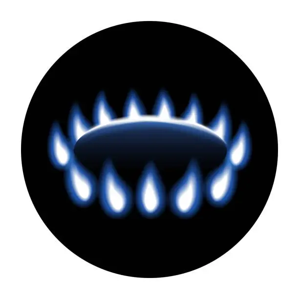 Vector illustration of Gas stove with blue flame on black background