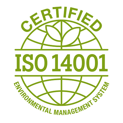 ISO 14001 certified flat emblem with globe and branch - environmental management system international standard approved stamp - green isolated vector icon
