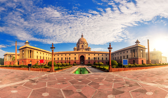 The Presidential palace or the Rashtrapati Bhavan at sunset, New Delhi, India.