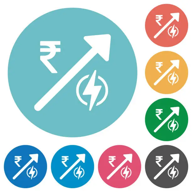 Vector illustration of Rising electricity energy Indian Rupee prices flat round icons