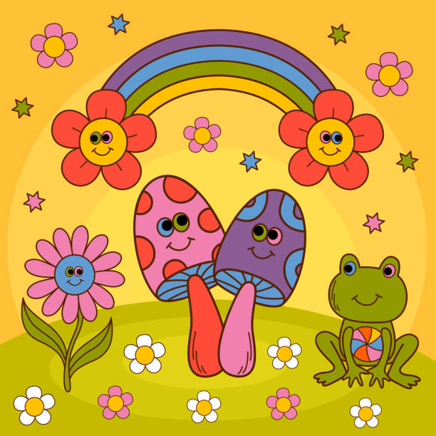 cute poster with smiling mushrooms, frog, rainbow, flower vector art illustration