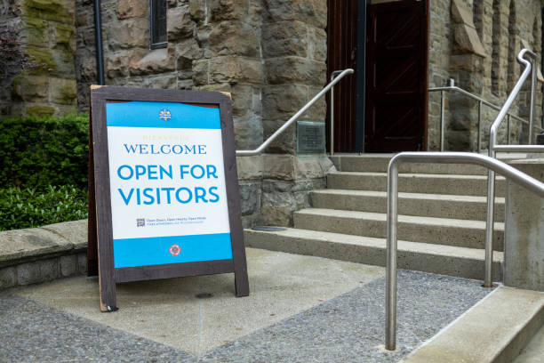 View of welcome sign at the entrance of Christ Church Cathedral in Vancouver stock photo