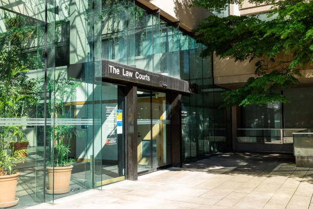 View of entrance and sign of The Law Courts in Downtown Vancouver stock photo
