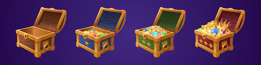Chests with treasure, empty and full wooden box with golden coins, gem stones or crystals. Trophy trunks, game level reward. Pirate loot, fantasy assets, gui elements, Cartoon vector illustration, set