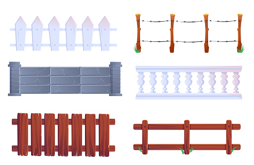 Fence, vector wooden and stone railings. Farm palisade gates, balustrade with pickets or barbwire. Enclosure banister or fencing sections with decorative pillars 2d elements, isolated cartoon set