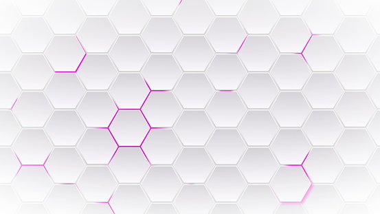 Abstract technological background white hexagons with fuchsia glow. Seamless loop