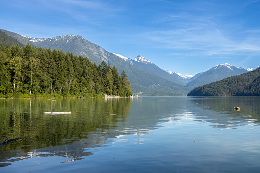 View of Lillooet Lake with mountains in the background taken from Strawberry Point Campground near Pemberton