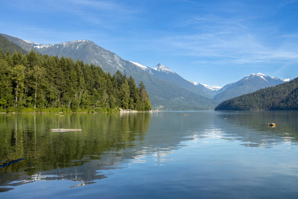 View of Lillooet Lake with mountains in the background taken from Strawberry Point Campground near Pemberton stock photo