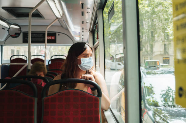 istock Woman with face mask on a bus 1409499801