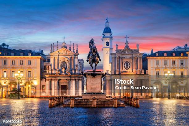 Turin Italy At Piazza San Carlo Stock Photo - Download Image Now - Turin, Torino Province, Italy