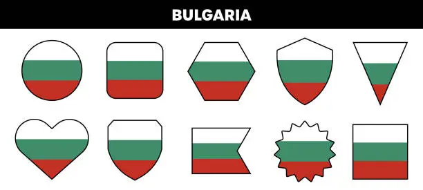 Vector illustration of Bulgaria flag different shapes. Vector isolated on white. Bulgaria labels collection.