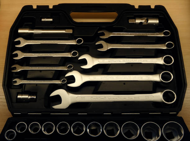 istock Set of gear wrenches in plastic case top view 1409502121