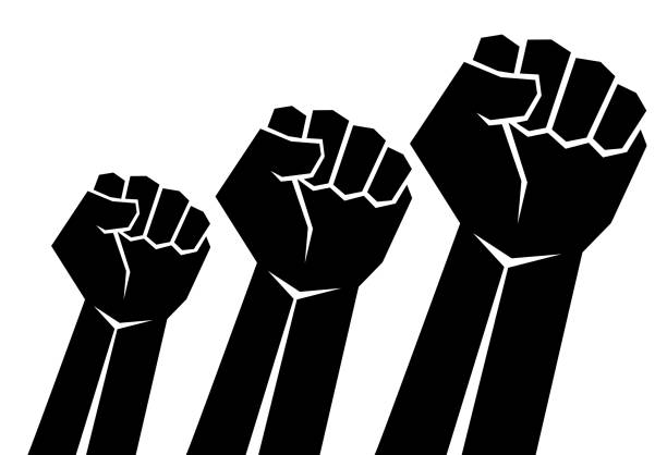 drei schwarze fäuste. ein symbol des protests, der meinungsverschiedenheit, des kampfes für die rechte der menschen. - revolutionaries stock-grafiken, -clipart, -cartoons und -symbole