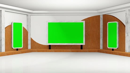 Set Studio - Universal White and Wood Virtual Set Studio Curve Pattern - Triple Monitors  - Wide View Futuristic Studio - 3D rendering