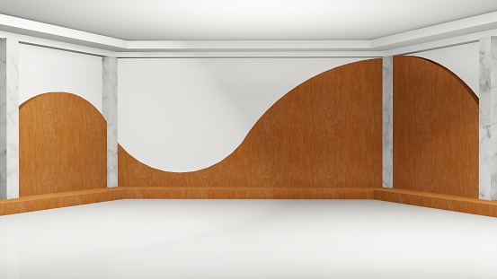 Set Studio - Universal White and Wood Virtual Set Studio Curve Pattern - Without Monitor  - Wide View Futuristic Studio - 3D rendering
