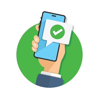 istock Phone notifications icon in flat style. Smartphone with check mark in hand vector illustration on isolated background. Approved message sign business concept. 1409509740