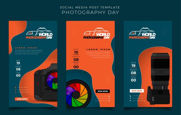 Set of social media post template with camera and lens design for world photography day design Set of social media post template with camera and lens design for world photography day championship photos stock illustrations