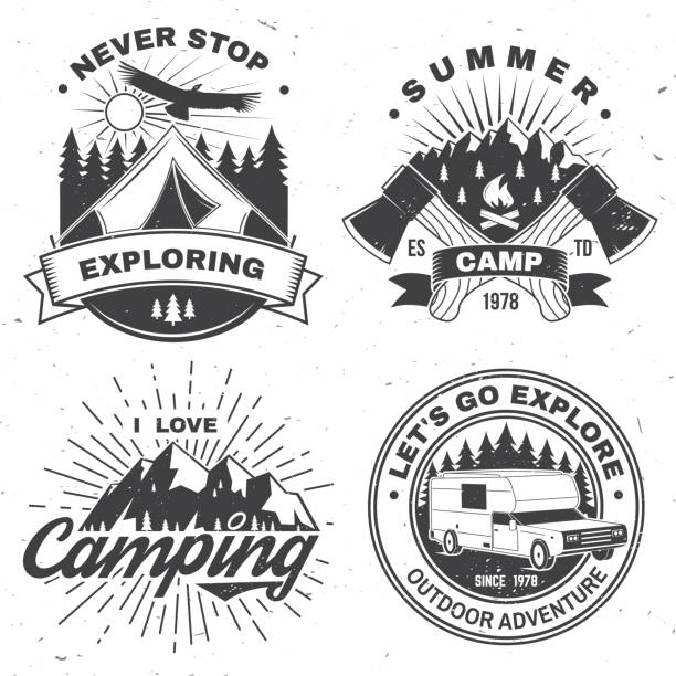 Set of camping badges. Vector illustration. Concept for shirt or logo, print, stamp or tee. Vintage typography design with camping caravan car, tent, mountain, axe and forest silhouette. vector art illustration