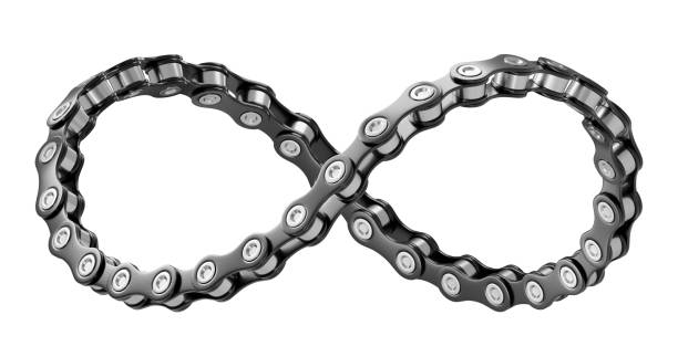 자전거 체인으로 만든 무한대 표지판. 흰색 배경에 고립 된 3d 그림. - bicycle chain chain gear bicycle stock illustrations