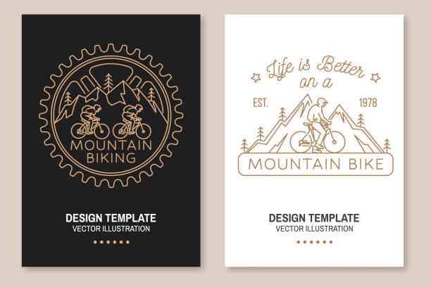 ilustrações de stock, clip art, desenhos animados e ícones de set of mountain biking flyer, brochure, banner, poster. vector illustration. concept for shirt or logo, print, stamp or tee. vintage line art design with man riding bike and mountain silhouette. - bmx cycling illustrations