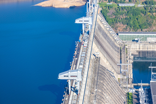 Krasnoyarsk Dam on the Yenisey River and Krasnoyarsk Reservoir in Siberia. Hydroelectric power station on the Yenisei River near Divnogorsk, Russia. Top view