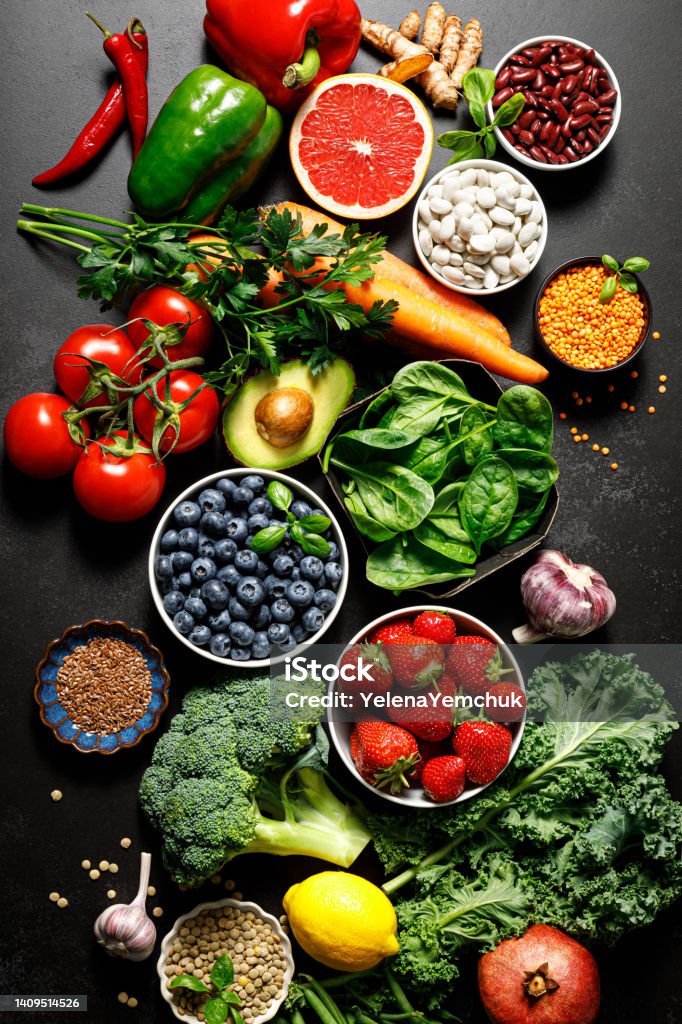 Healthy food. Healthy eating background. Fruit, vegetable, berry.  Vegetarian eating. Superfood Vegetable Stock Photo